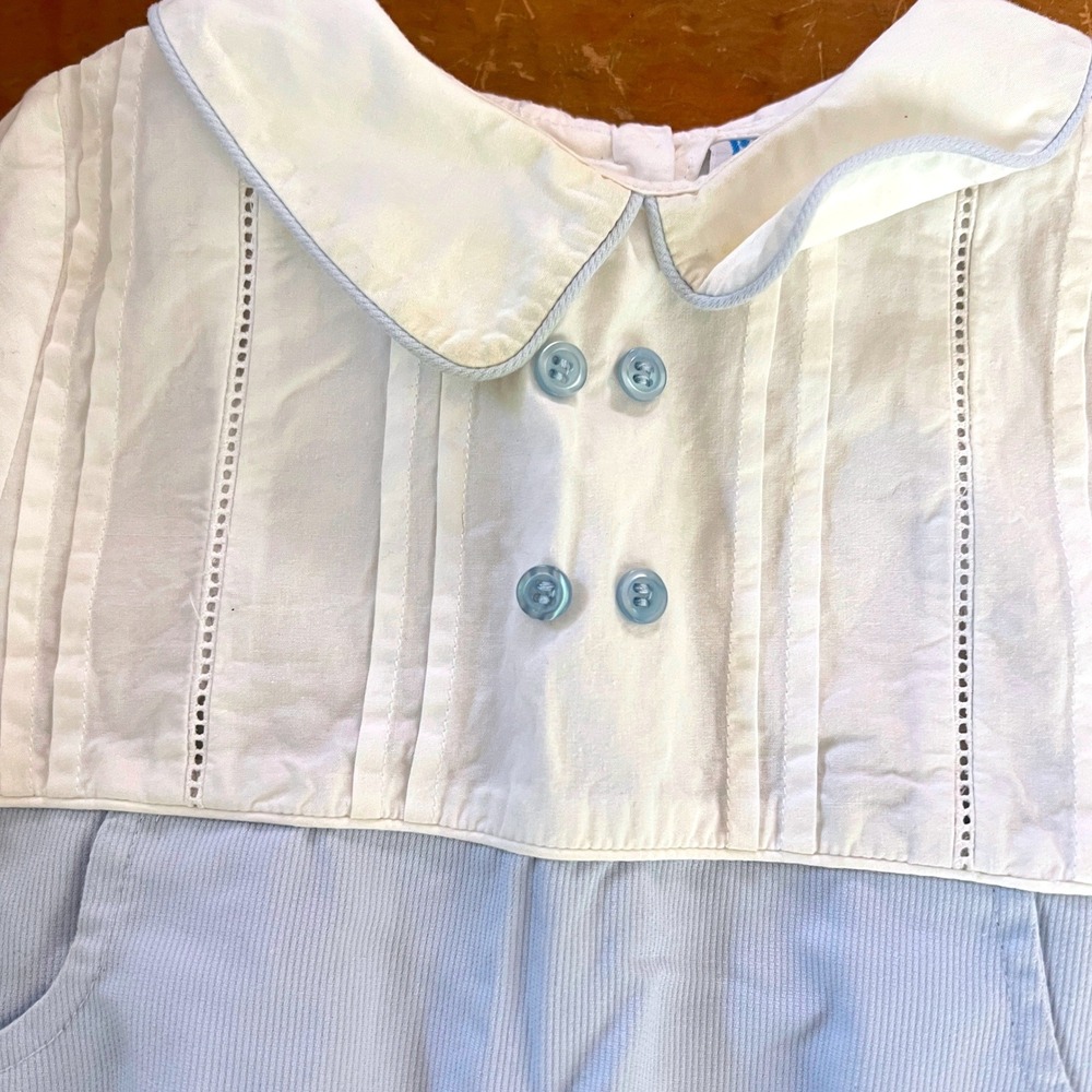 Luli Bubble Romper 18M Baby Boy Pintuck Pinstripe Blue White Vintage Classic - Picture 5 of 9